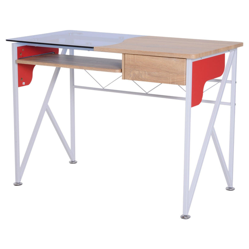 Scrivania da Ufficio in Legno e Piano in Vetro con Cassetto e Porta Tastiera Estraibile 105x55x75 cm 