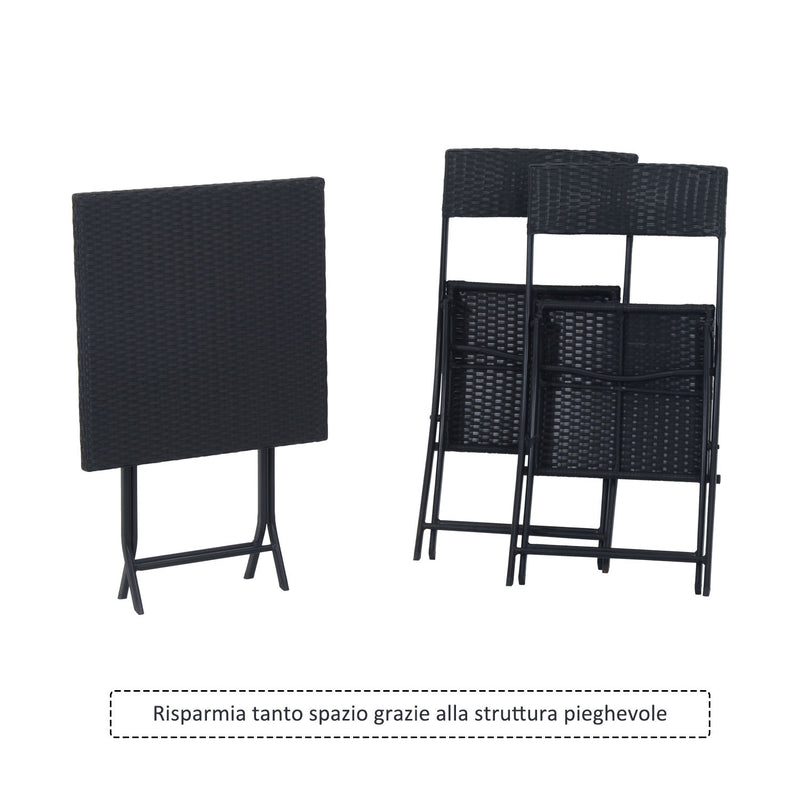 Set Tavolino e 2 Sedie Pieghevoli da Giardino in Rattan Sintetico Nero 