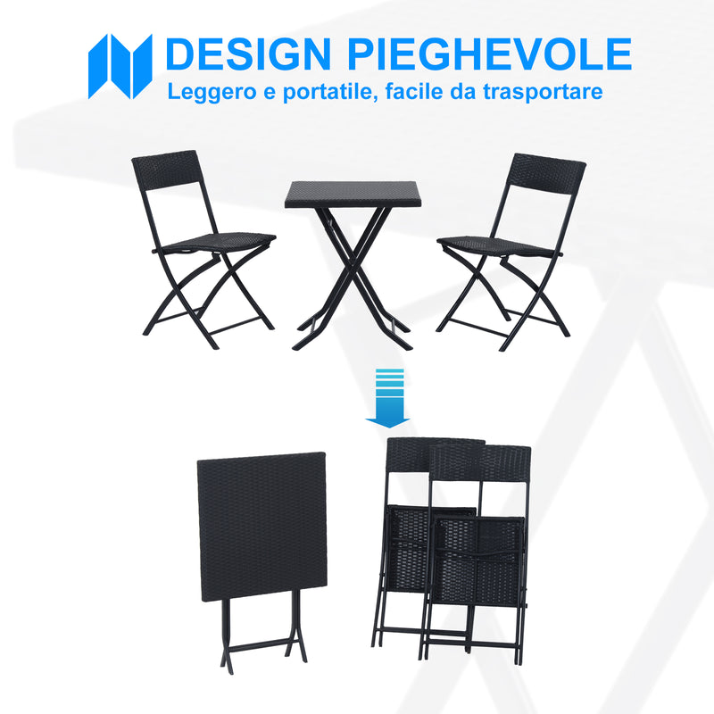 Set Tavolino e 2 Sedie Pieghevoli da Giardino in Rattan Sintetico Nero 