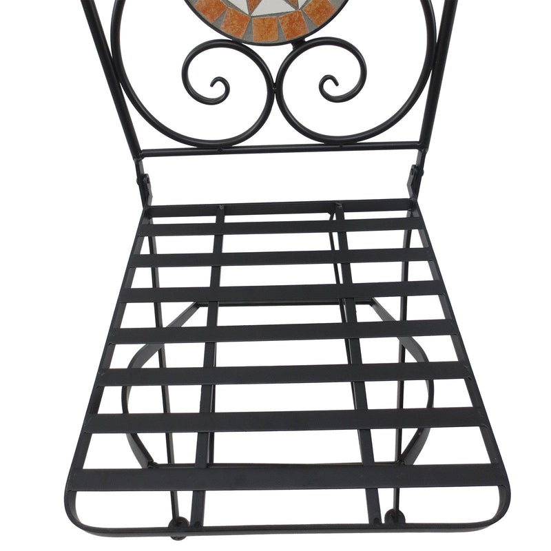 Set Tavolino e 2 Sedie da Giardino in Metallo Mosaico Nero Arancione e Bianco 