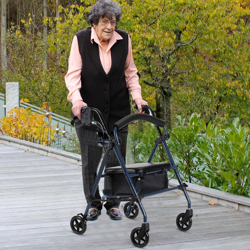 Deambulatore 4 Ruote Pieghevole con Sedile e Cestino Portaoggetti in Tela 