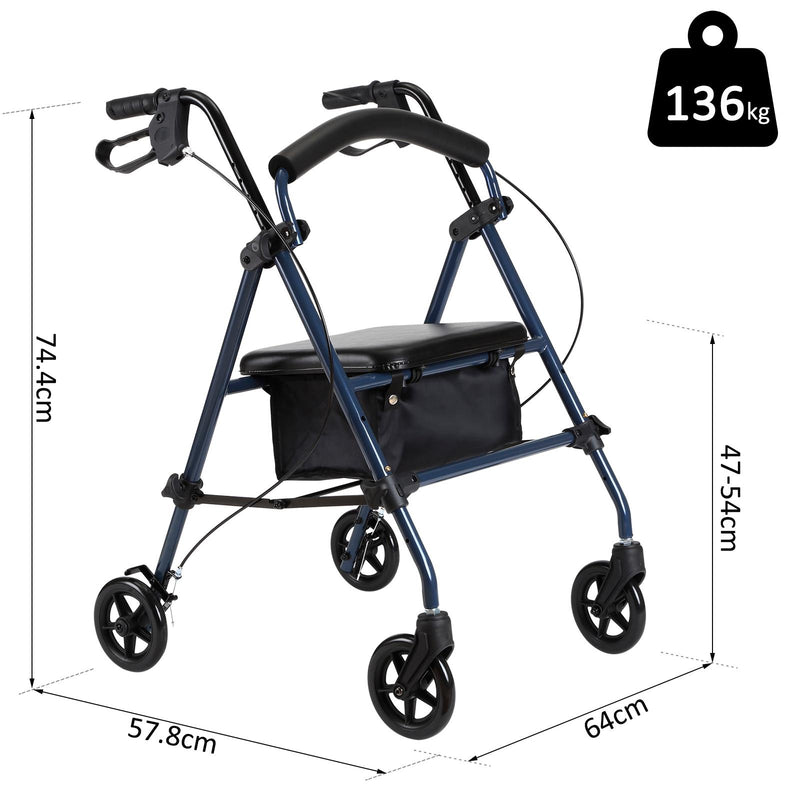 Deambulatore 4 Ruote Pieghevole con Sedile e Cestino Portaoggetti in Tela 