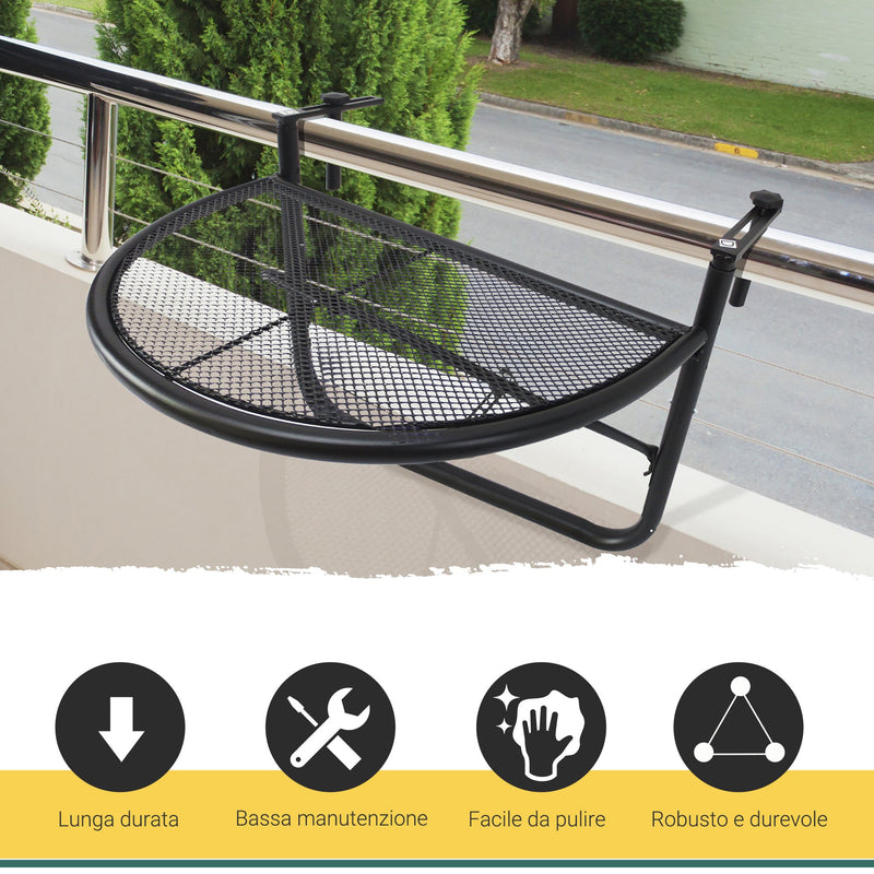 Tavolino Sospeso da Balcone Regolabile in Ferro Nero 60x45x50 cm 