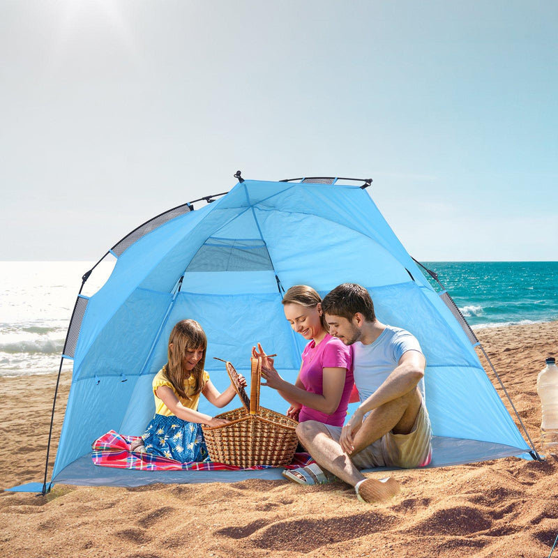 Tenda da Spiaggia Impermeabile Pop Up con Corde e Picchetti Azzurro 