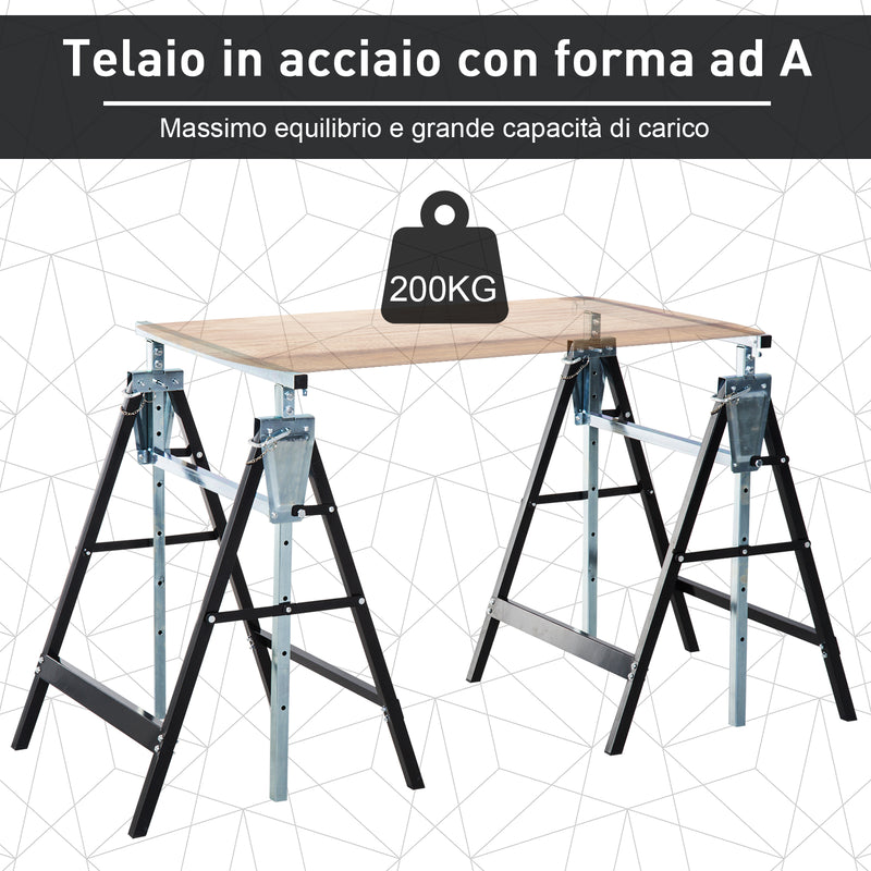 Set 2 Cavalletti da Lavoro Pieghevoli Telescopici Altezza Regolabile in Tubi d'Acciaio 