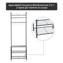 Panchina per Ingresso con Ganci Appendiabiti e Ripiani Scarpiera in Metallo Nero 