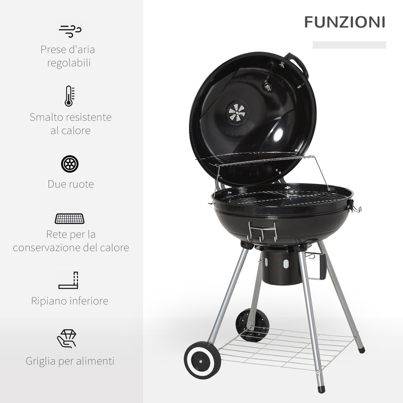 Barbecue a Carbone Carbonella Coperchio Termometro e Doppia Griglia in Metallo Nero 
