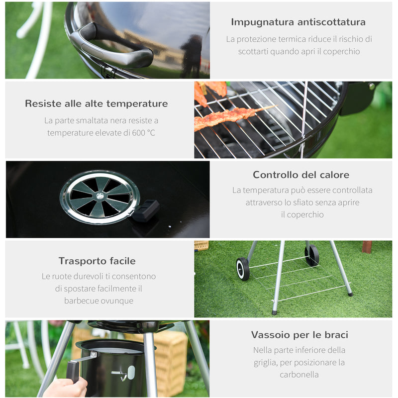 Barbecue a Carbone Carbonella Coperchio Termometro e Doppia Griglia in Metallo Nero 