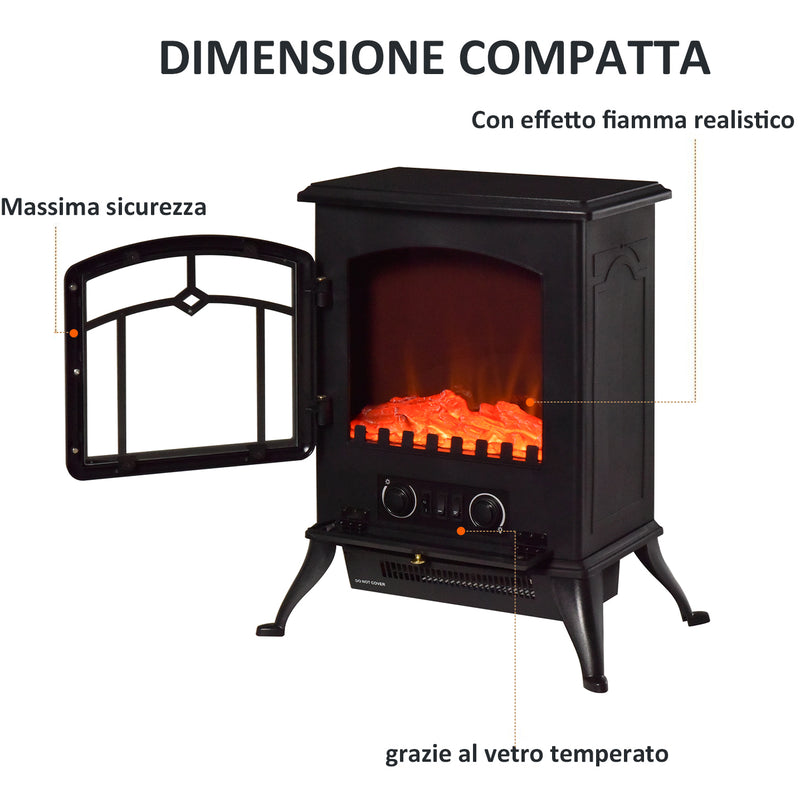 Camino Elettrico da Terra 42x28x55 cm 950/1850W Effetto Fiamma Nero 