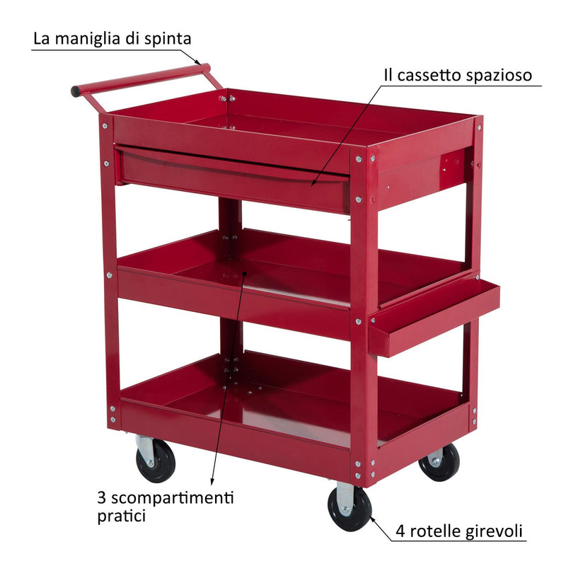 Carrello Porta Attrezzi da Officina con Rotelle in Lamiera Rosso 68x46x82 cm 