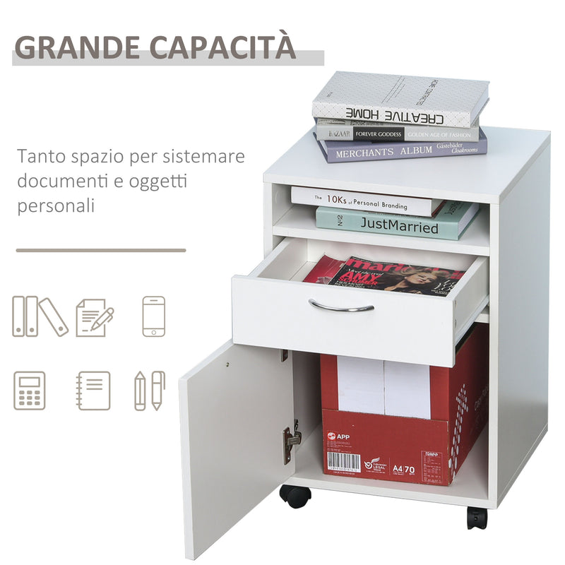 Cassettiera Portadocumenti da Ufficio in Legno con 2 Cassetti e Ruote Bianco 40x35x60 cm 