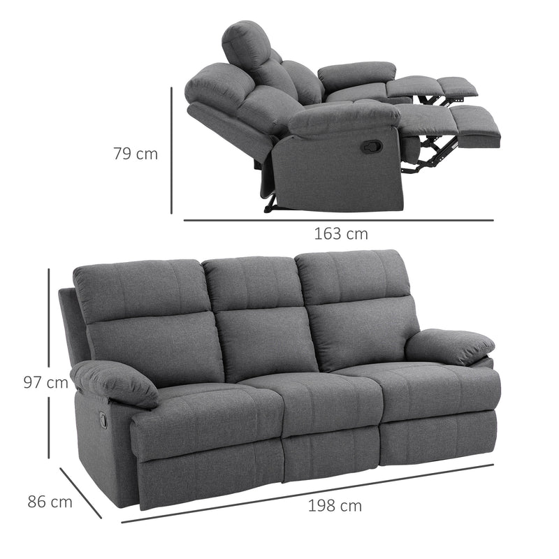 Divano 3 Posti con Schienale e Poggiapiedi Laterali Reclinabili Grigio Antracite 185x95x97 cm 