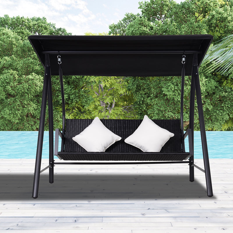 Dondolo da Giardino 3 Posti in Ferro e Rattan Sintetico con Cuscini e Tettuccio Parasole Nero 
