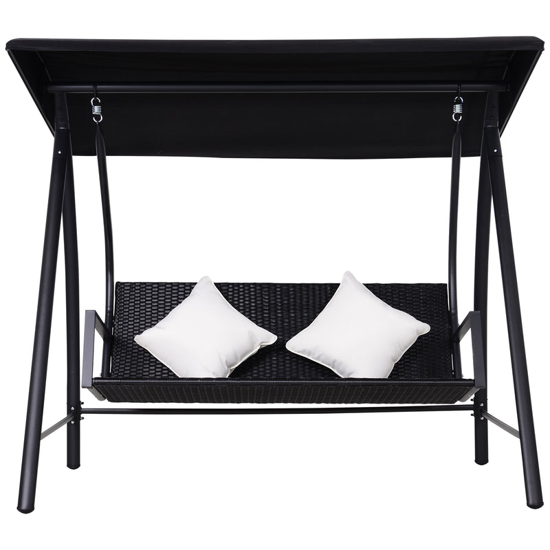 Dondolo da Giardino 3 Posti in Ferro e Rattan Sintetico con Cuscini e Tettuccio Parasole Nero 