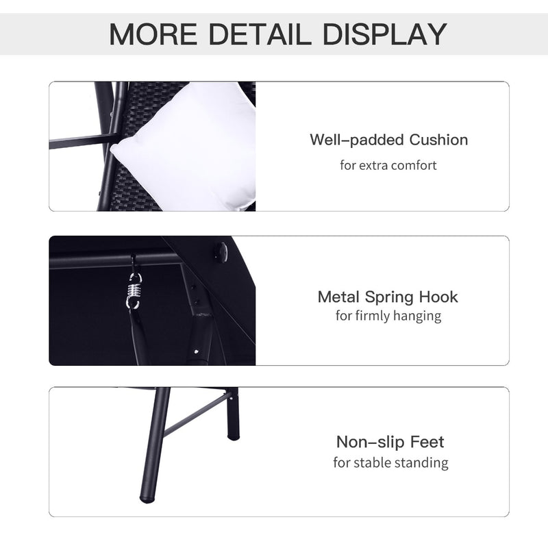 Dondolo da Giardino 3 Posti in Ferro e Rattan Sintetico con Cuscini e Tettuccio Parasole Nero 