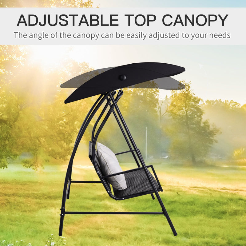 Dondolo da Giardino 3 Posti in Ferro e Rattan Sintetico con Cuscini e Tettuccio Parasole Nero 