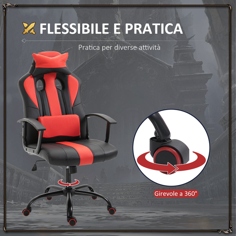 Sedia da Gaming Ergonomica in Similpelle Altezza Regolabile con Cuscino Nera e Rossa 