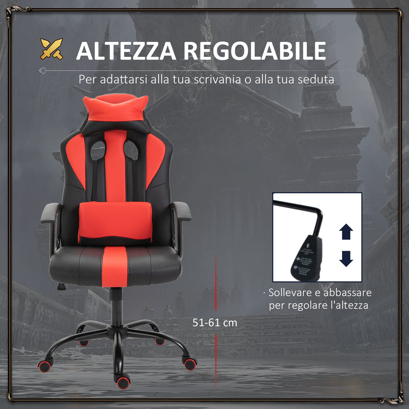 Sedia da Gaming Ergonomica in Similpelle Altezza Regolabile con Cuscino Nera e Rossa 
