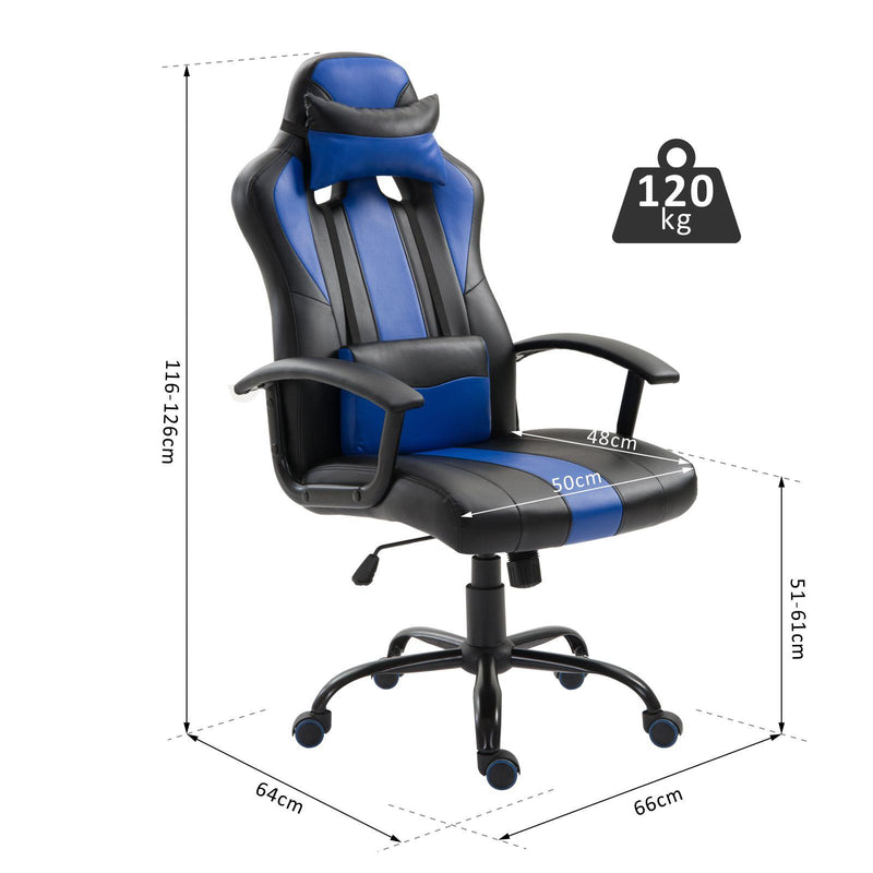 Sedia da Gaming Ergonomica in Similpelle Altezza Regolabile con Cuscino Nera e Blu 