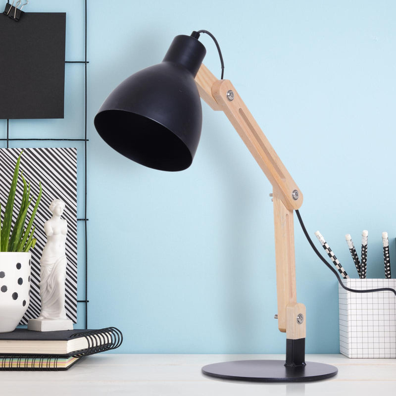 Lampada da Tavolo Scrivania Pieghevole in Legno e Metallo Nero 