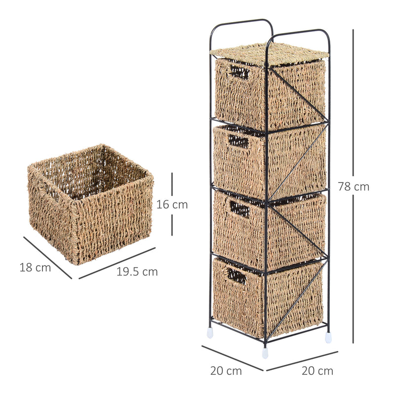 Mobile a Colonna da Bagno 4 Cesti in Alga Marina e Ferro naturale 20x20x78 cm 