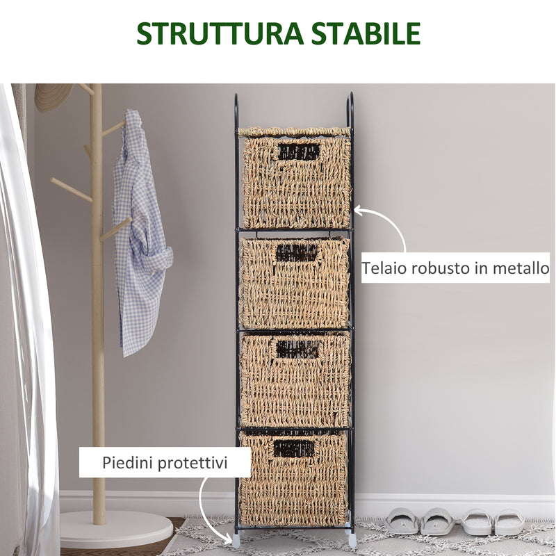 Mobile a Colonna da Bagno 4 Cesti in Alga Marina e Ferro naturale 20x20x78 cm 