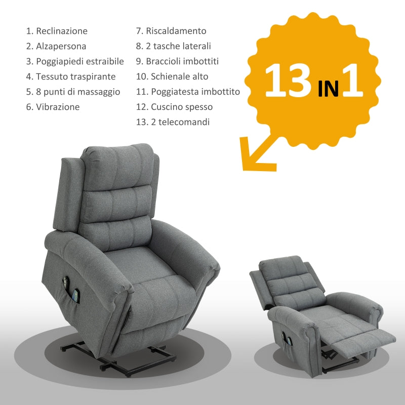 Poltrona Relax Alzapersona Massaggiante Riscaldante in Tessuto di Lino Grigia