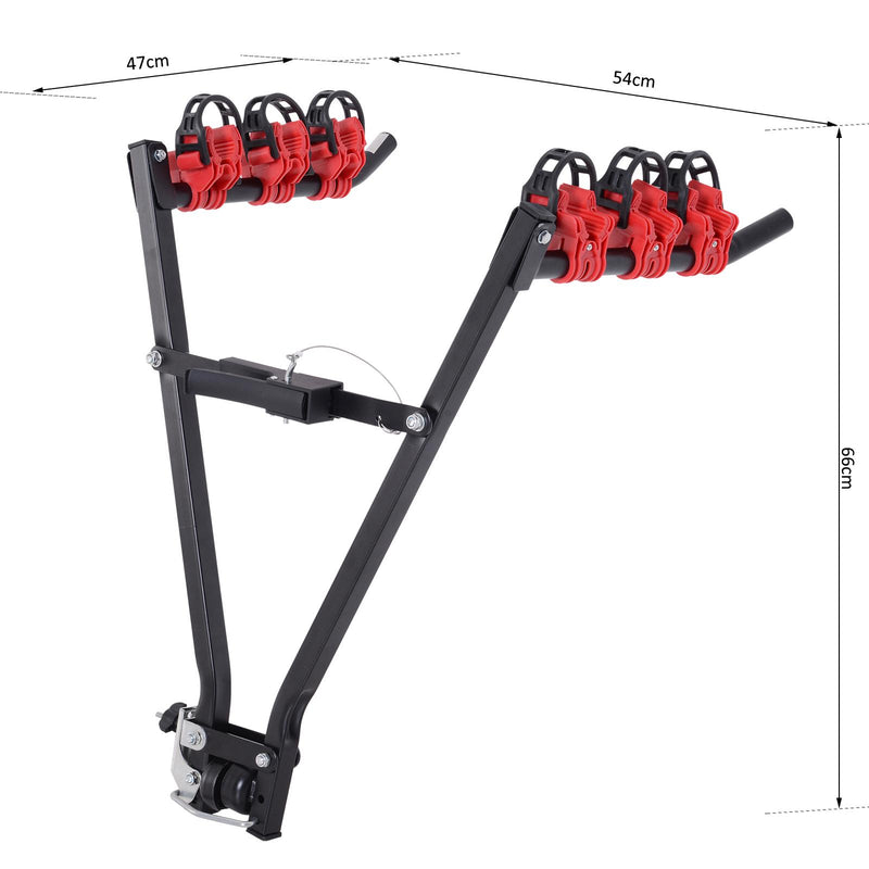 Portabici per Auto Posteriore Pieghevole 3 Biciclette 40 kg in Acciaio e Alluminio Nero e Rosso 66x54x47 cm 