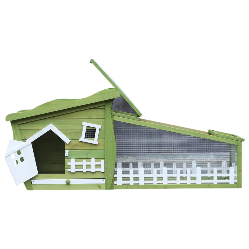 Conigliera con Corsa Vassoio Estraibile e Tetto Impermeabile in Legno Verde Bianco 155x54.5x65 cm 