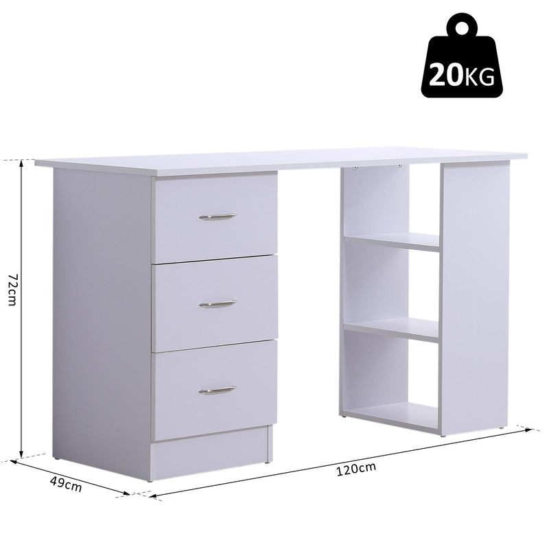 Scrivania da Ufficio con 3 Cassetti e Ripiani in Legno Bianco 120x49x72 cm 