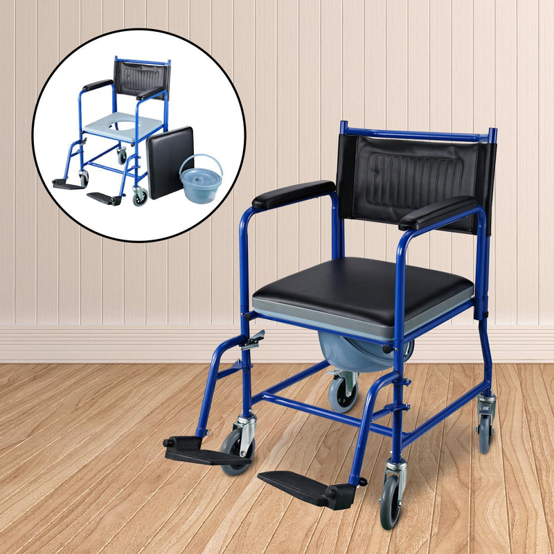 Sedia a Rotelle Bagno con Vaso Rimovibile in Ferro Nero e blu 83x53x85 cm 