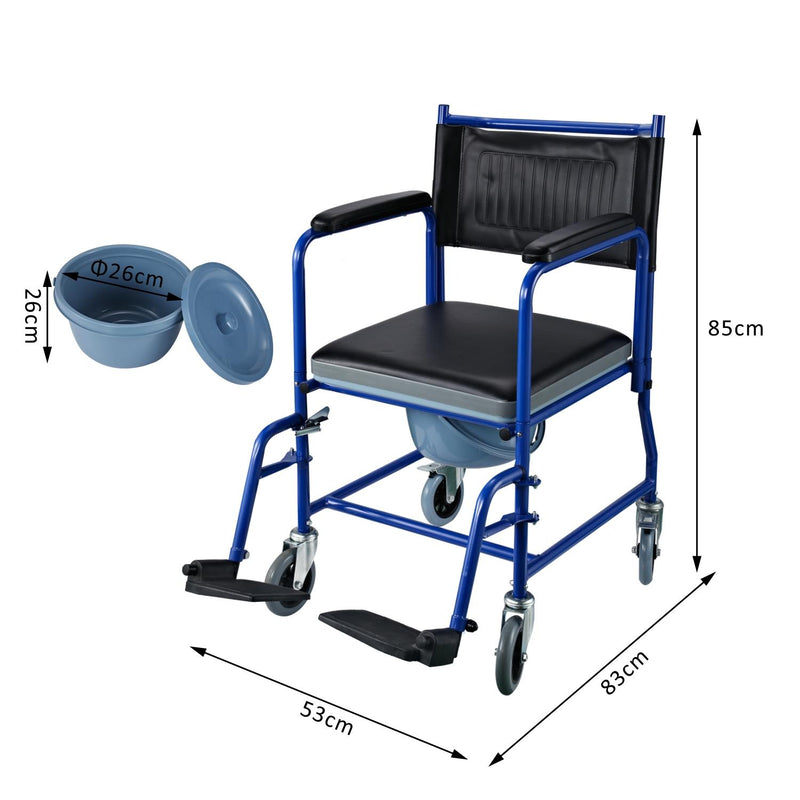 Sedia a Rotelle Bagno con Vaso Rimovibile in Ferro Nero e blu 83x53x85 cm 