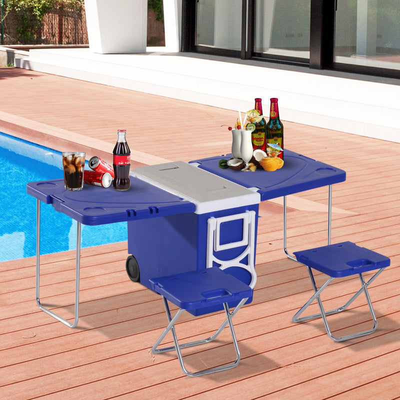 Set Tavolo da Campeggio con Box Refrigerante e 2 Sedie Pieghevoli 