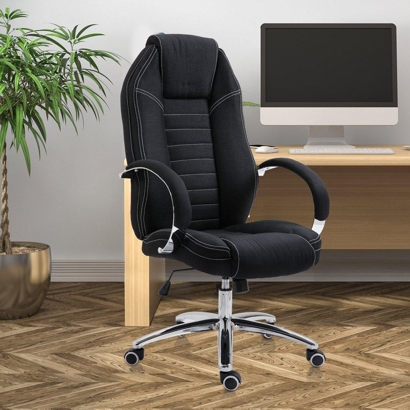 Sedia Poltrona da Ufficio Presidenziale Girevole in Lino Traspirante Nero 