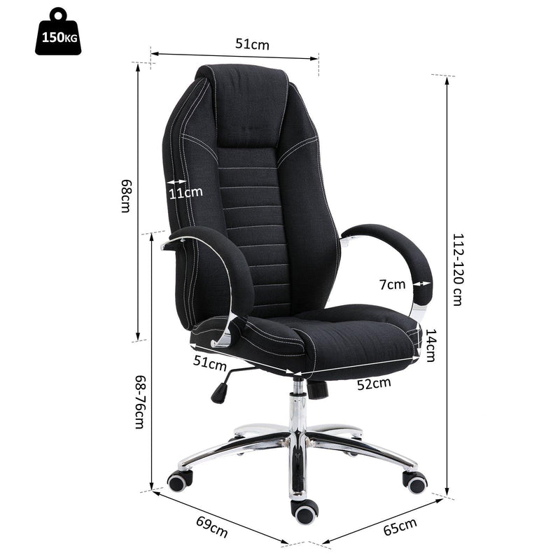 Sedia Poltrona da Ufficio Presidenziale Girevole in Lino Traspirante Nero 