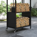 Porta Legna per Interni ed Esterni 45x30x118 cm con Ruote e 4 Utensili Pala Attizzatoio Spazzola e Pinze in Metallo Nero      