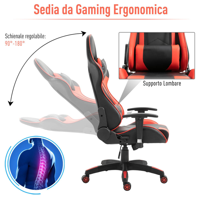 Sedia da Gaming Ergonomica in Similpelle Altezza Regolabile con Cuscino  Nera e Rossa
