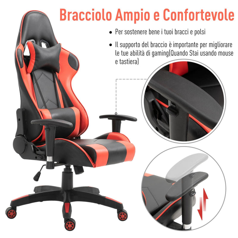 Sedia da Gaming Ergonomica in Similpelle Altezza Regolabile con Cuscino  Nera e Rossa