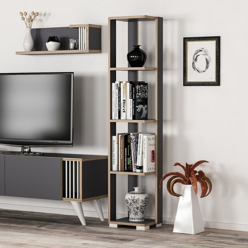 Libreria 34x153 cm 5 ripiani antracite dettagli noce