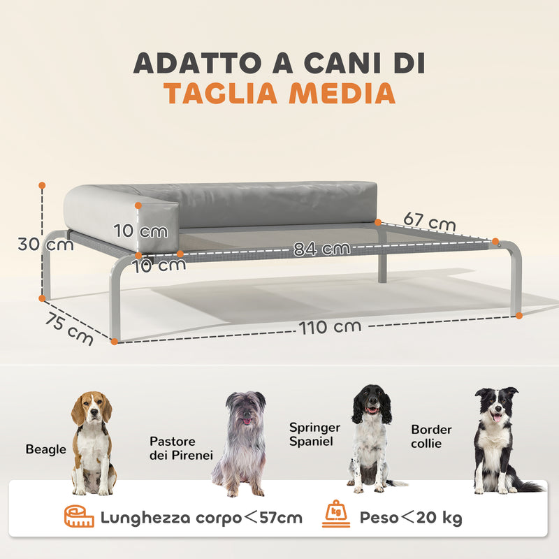 Brandina per Cani Rialzata 110x75x30 cm con Cuscino a L in Tessuto Grigio e Argento   