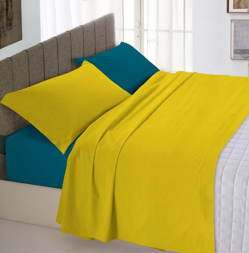 Set Lenzuola Sopra Sotto e Federe Doubleface Ocra/Verde Petrolio Matrimoniale