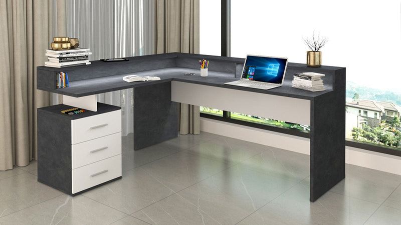 Scrivania Angolare 3 Cassetti e Ripiani a Giorno 180/160x60x90 cm New Selina Bianco Lucido/Report Grigio  