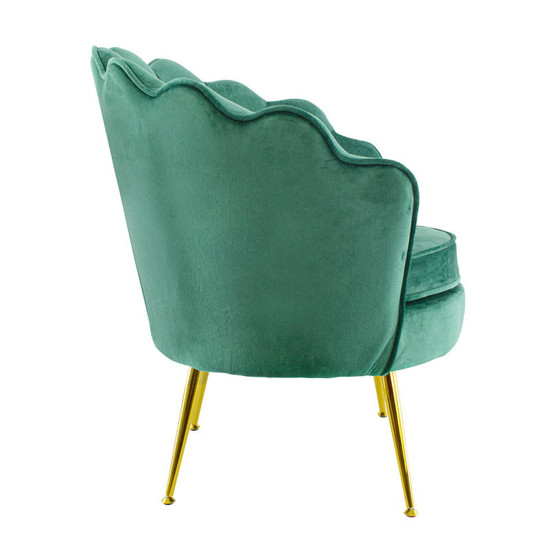 Poltrona Imbottita Schienale a Conchiglia in Velluto Piedi Oro Verde