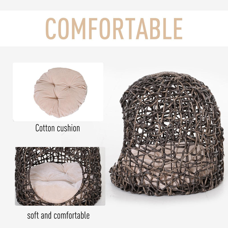 Cuccia in PVC Effetto Vimini per Gatti Ø49x46 cm con Cuscino  Marrone