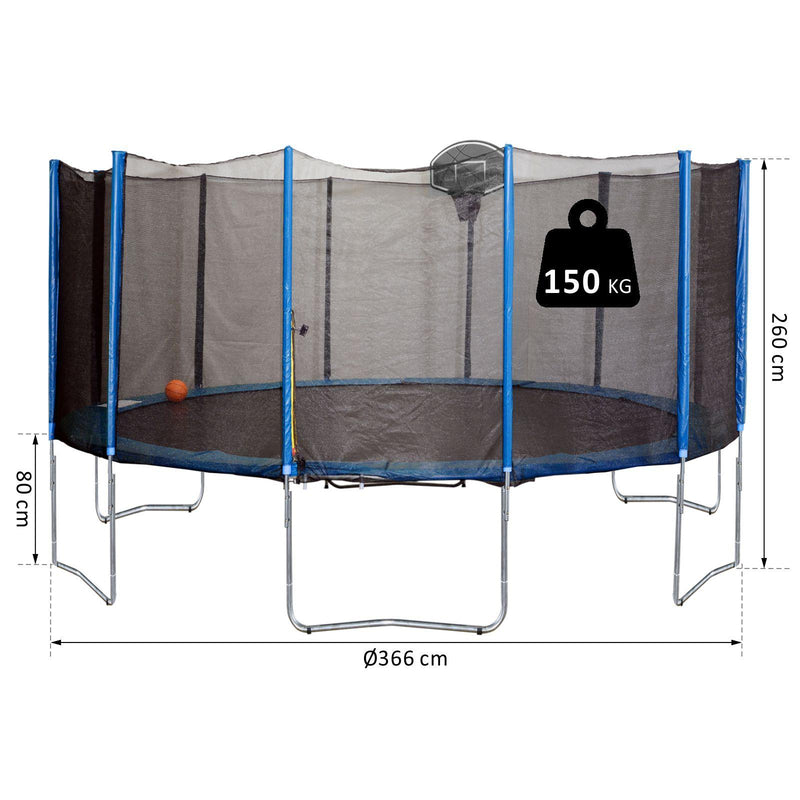 Trampolino Elastico Ø366 cm con Rete di Sicurezza e Canestro Basket  NBA