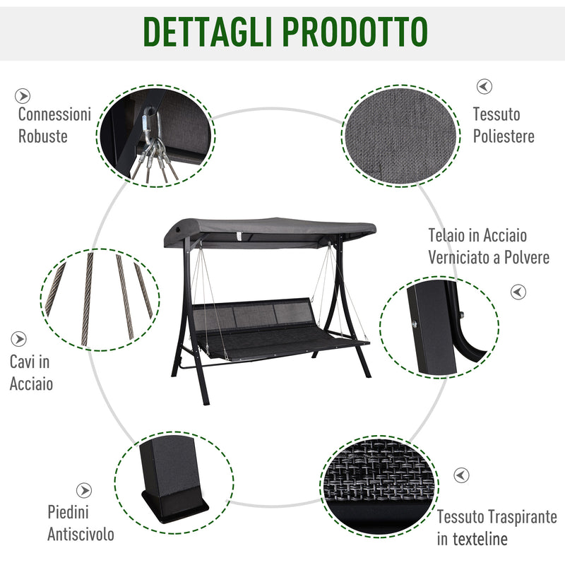 Dondolo 3 Posti da Giardino 200 x 115 x 168 cm  Sling Grigio