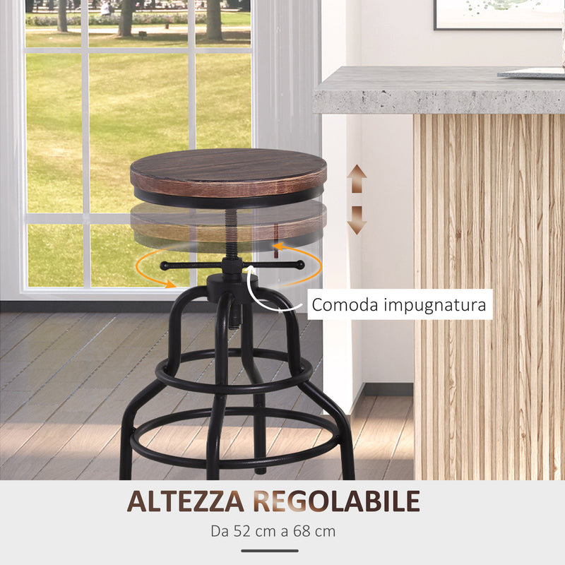 Sgabello Girevole Regolabile in Metallo e Legno di Pino  Nero e Marrone
