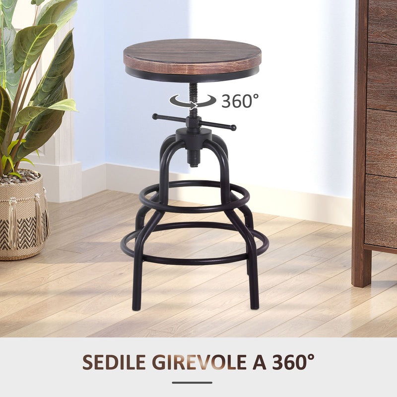 Sgabello Girevole Regolabile in Metallo e Legno di Pino  Nero e Marrone