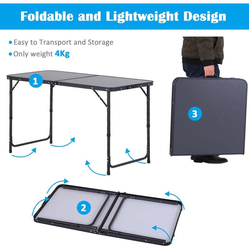 Tavolo da Campeggio Picnic Pieghevole Regolabile in Alluminio 120x60x68 cm  Grigio e Nero