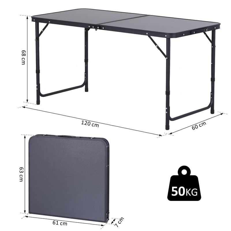 Tavolo da Campeggio Picnic Pieghevole Regolabile in Alluminio 120x60x68 cm  Grigio e Nero